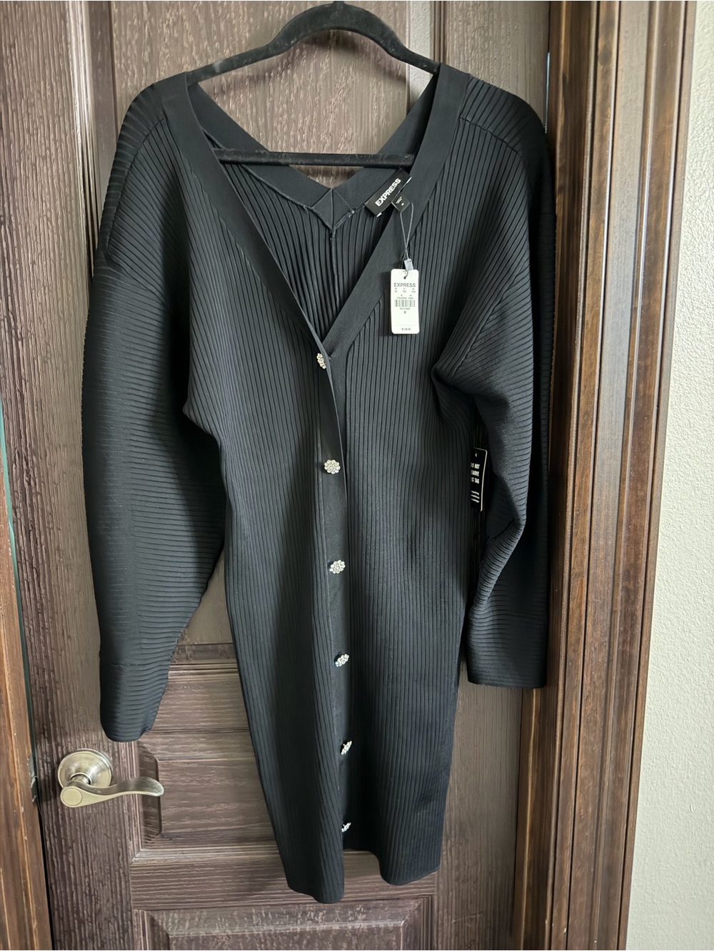 Express Black Ribbed Knit Dress with Jeweled Buttons